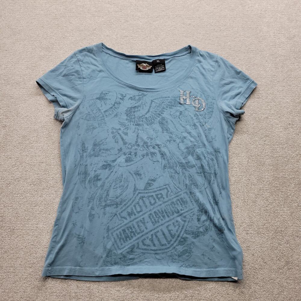 Harley Davidson Womens XL T Shirt Blue Rhinestone HD Logo Made USA Distressed